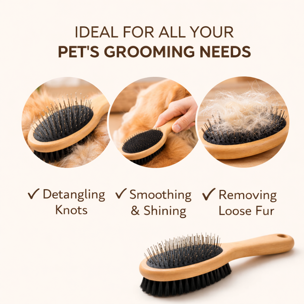 Wooden Pet Grooming Brush - Dual-Sided Gentle Deshedding & Coat Care