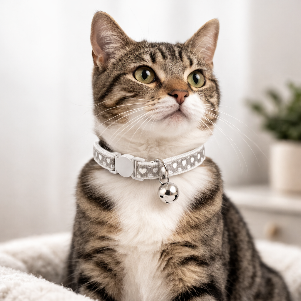Silver Heart Cat Collar - Adjustable Safety Breakaway Collar with Bell