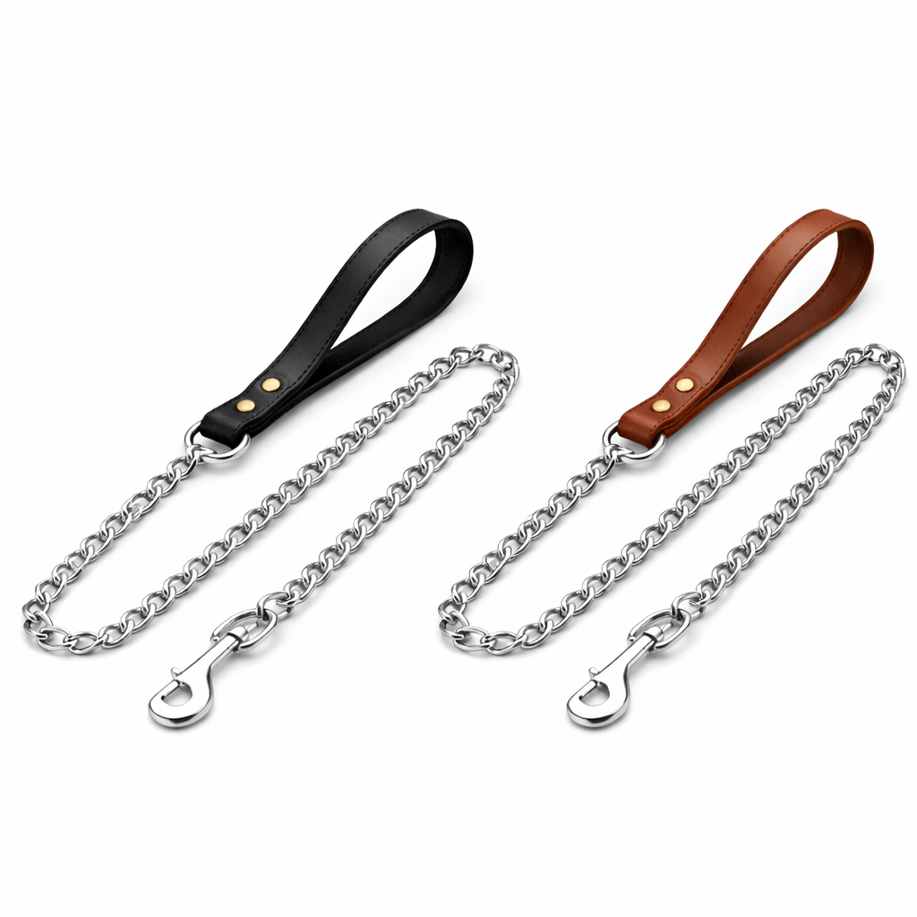 Heavy Duty Chain Lead - Leather Handle ( 80cm)