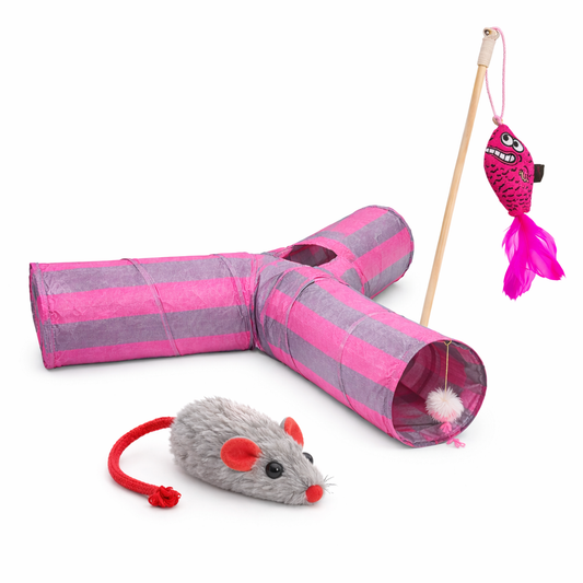 Cat Toy Bundle – Tunnel, Teaser Wand & Mouse | GoldenKind Pets
